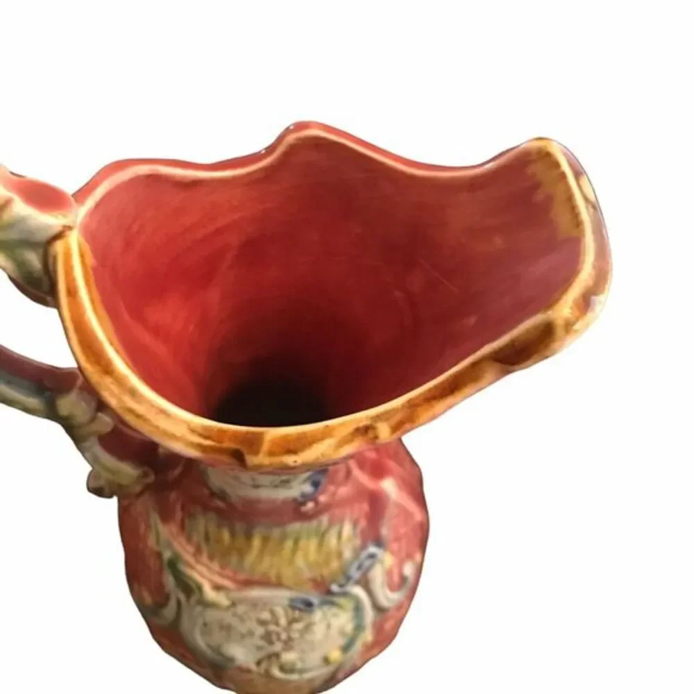 Majolica Ewer Ceramic Floral Pottery Vase/Pitcher 825 Rose Color Vintage‎